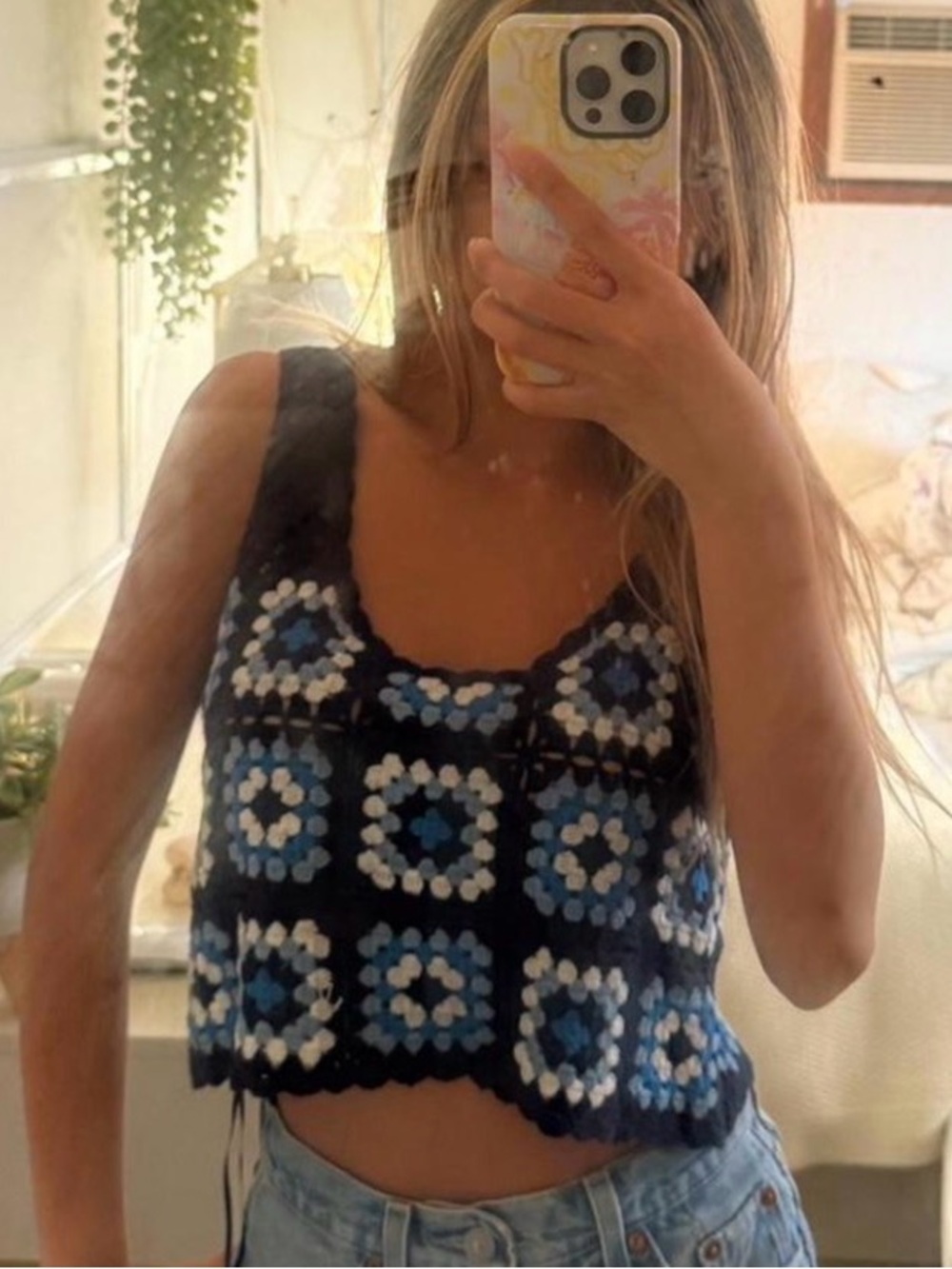 Sincerely Jules Black Crochet Crop Top with Blue & White Squares